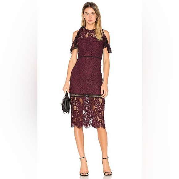 Alexis (Revolve) Evie Burgundy Lace Off Shoulder Midi Dress. Size XS. - Picture 3 of 17